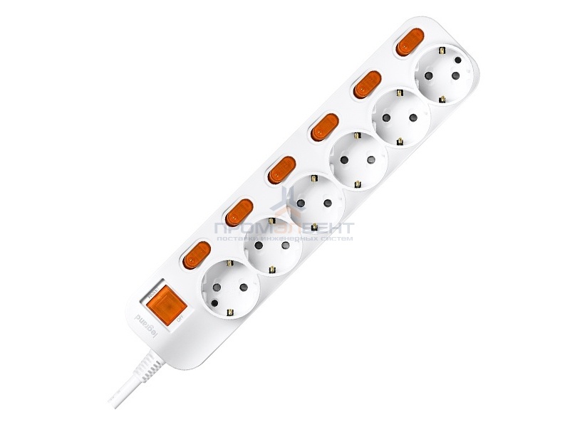 Anam Legrand e-Fren 6 Удлинитель с выключателем+ индивидуальным выкл.,шнур 4.5м, 16A, 250V